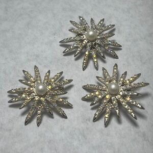 Emmons Signed Starburst Brooch Earrings Pearl Rhinestone Aurora Borealis Crystal